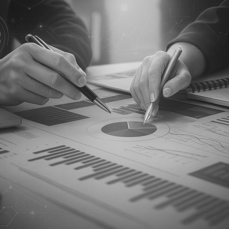Zwei Personen analysieren Finanzdaten zur Strukturierung kollektiver Kapitalanlagen