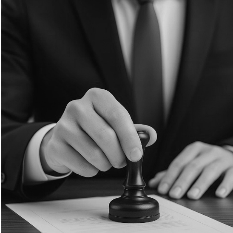 Hand mit Stempel genehmigt ein Dokument – Symbol für Finanzmarktrecht und regulatorische Bewilligungen